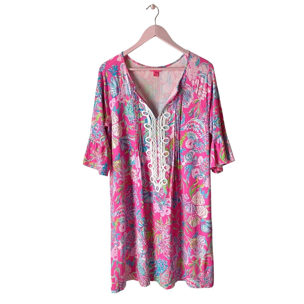 Lilly Pulitzer Hot Pink Floral V-Neck Embroidered Tunic Dress